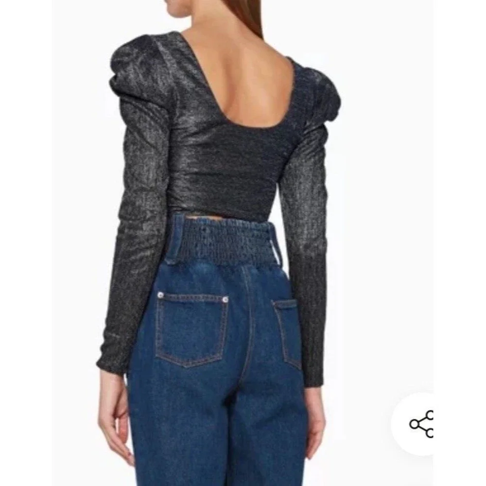 New Jonathan Simkhai Women's Metallic Size 4 Wrap Crop Top Long Sleeves Midnight - Picture 3 of 16